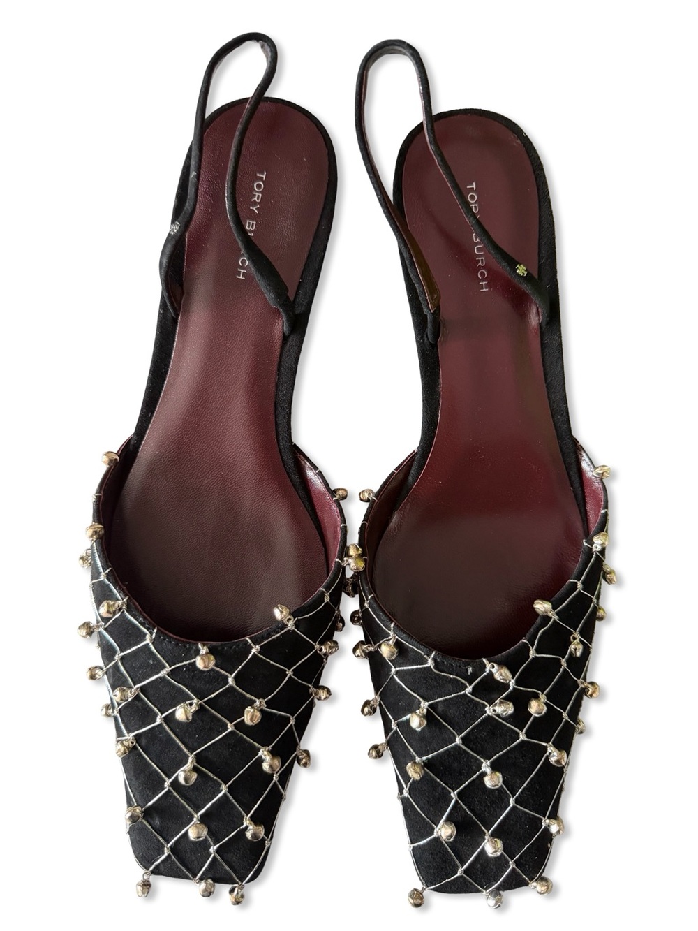 Tory Burch Bell Slingbacks Heels Black silver bell shoes Revolve 10